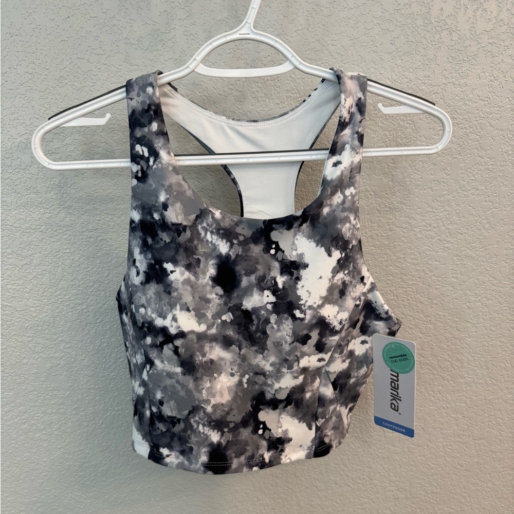 Marika high-neck racerback sports bra - black and white tie-dye pattern